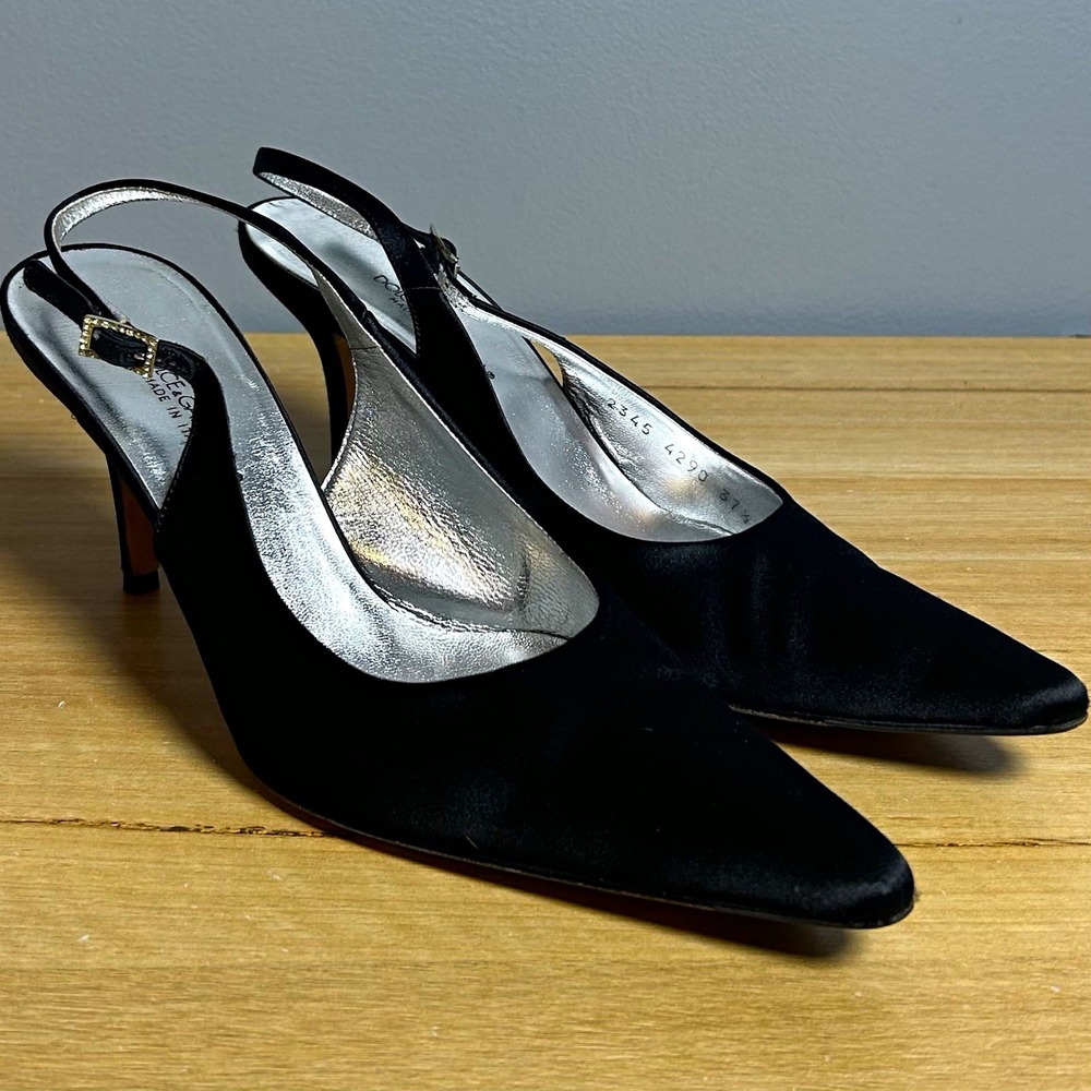 Dolce & Gabbana Black Satin Crystal Buckle Slingback Pointed Toe Stiletto Heels
